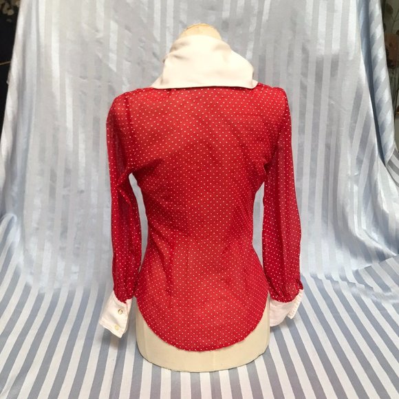 Vtg 1960s Red Blouse w/High White Collar/Polka-dots - Picture 4 of 5